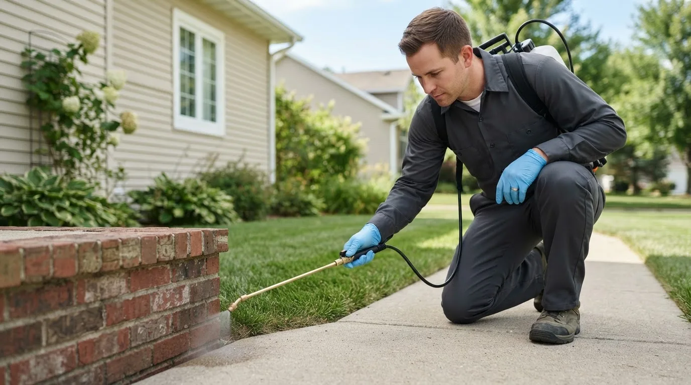 Pest control technician treating a home near Mohall, ND
